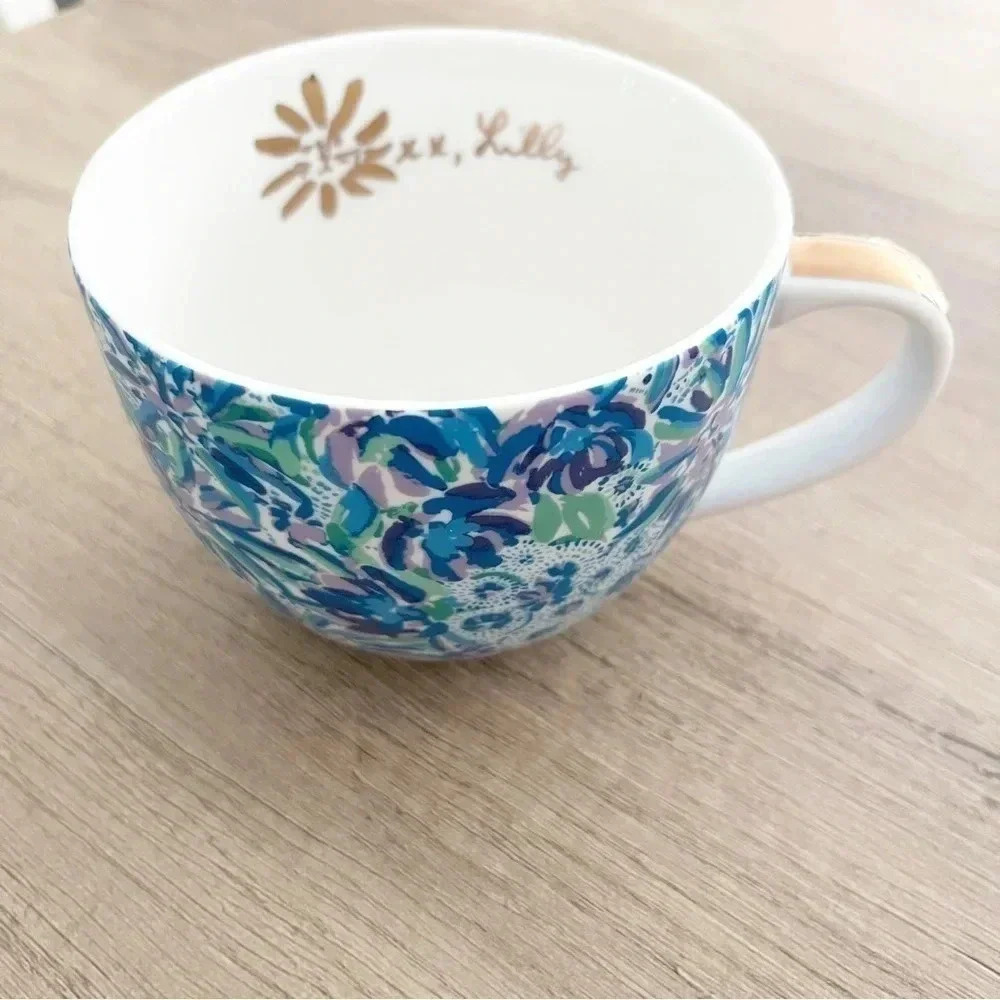 Lilly Pulitzer Coffee Ceramic Mug Lion Around Blue /Green Floral Gold Trim 12 oz